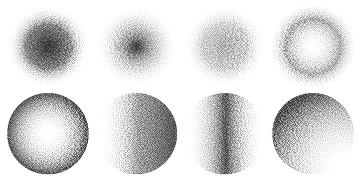 Abstract black stipple gradient halftone circle textures isolated on a white background. Geometric noise circle patterns made of simple dots and grains. Vector illustration