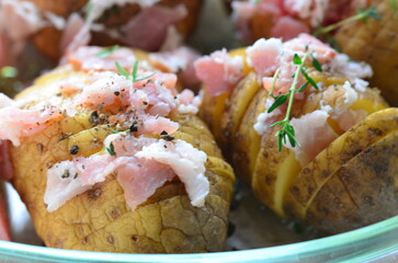 close up view of potatoes with bacon, grilled, traditional Czech food and culture, food background