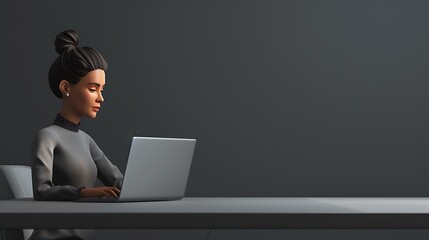 3D woman character using her laptop, with a plain charcoal background and a sleek, minimalist workspace