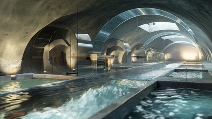 A conceptual design of an underground hydroelectric facility, showcasing innovative use of subterranean spaces for energy generation.
