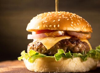 Burger with onion and tomato. With salty fried french fries.