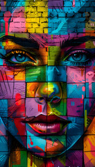 This striking image features a colorful graffiti of a woman's face, showcasing urban art and creative expression