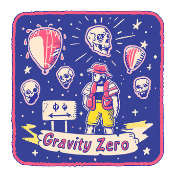 Vector Graphics of a Cartoon Explorer Navigates Surreal Universe With Floating Skulls and Balloons at Night