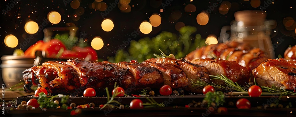 Poster delicious grilled meat with herbs and vegetables on a festive table setting with blurred lights in t