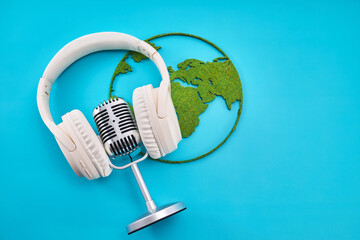 World Music day Concept with Headphones and Microphone