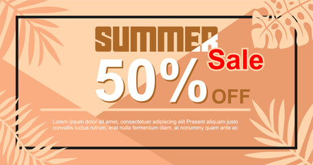 Creative summer sale banner in trendy bright colors with tropical leaves and discount text. Season promotion gradient illustration.