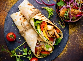 Wrap with Chicken and Veggies. Veggie Wrap. Healthy wrap made in vegan restaurant style.