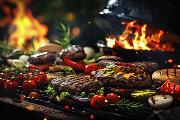 A lively outdoor barbecue grill filled with delicious meats, vegetables, and herbs, surrounded by a...