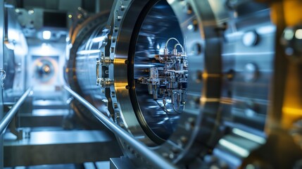A detailed view of a molecular beam epitaxy chamber, used for growing highly controlled thin films by depositing atomic layers on a substrate.