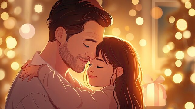 Father and Daughter Hugging in Festive Atmosphere