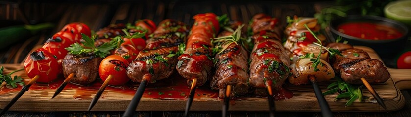 Close-up of delicious grilled meat and vegetable skewers on a wooden board, garnished with herbs....