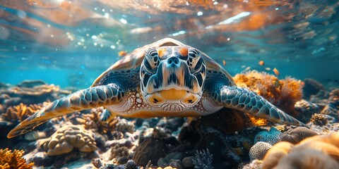 Underwater turtle swims near coral reef, surrounded by colorful fish in tropical ocean.