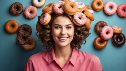 fun concept with woman and donuts in her hair, photorealistic illustration of humorous concept I love donuts