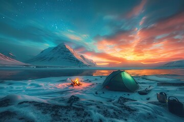 Scenic winter camping by a campfire under a vibrant sunset with mountain and starry sky in the background.