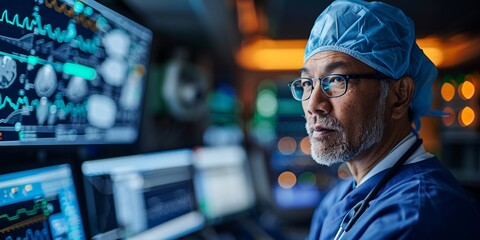 A professional surgeon in a hospital operating room, monitoring heart rate and brain analysis during surgery.