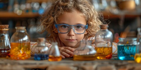 A smart and adorable caucasian girl conducting a chemistry experiment in a classroom laboratory.