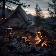 Cozy nighttime camping scene with a campfire, coffee setup, and tent surrounded by trees under a dark sky.