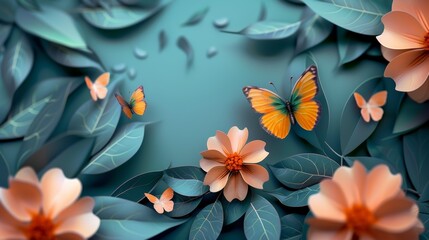 Obraz premium Digital illustration of orange butterflies and flowers with teal leaves, creating a serene and vibrant nature scene.