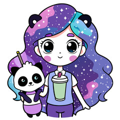 Galaxy Traveler Girl A galaxy traveler girl with starry hair, holding a galaxy drink, accompanied by a cosmic cat and a galaxy panda