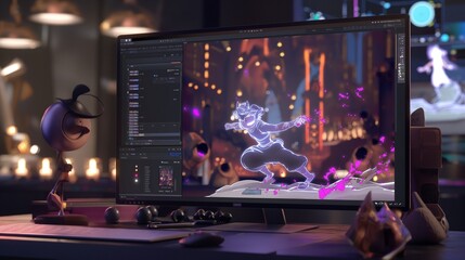 A digital animator's workspace with animation software running, displaying a sequence where a virtual character performs a complex action.