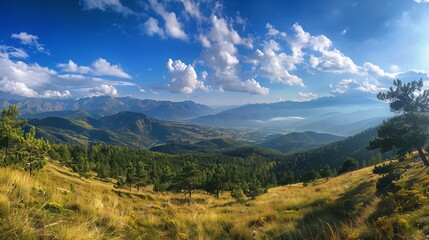 Obraz premium Serene Morning Landscape: Captivating Panorama of Wilderness High in the Mountains - Nature's Beauty