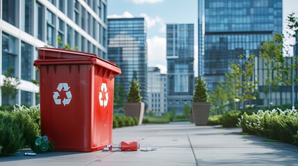 Garbage, recycling, and red dumpsters are located close to a new office building 