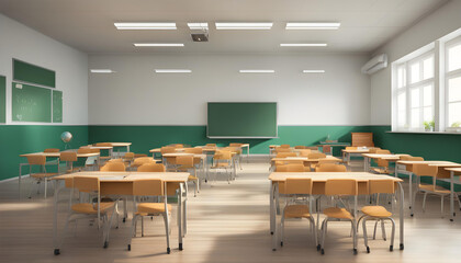 Classroom school.Interior of clean spacious classroom ready for new school year. Empty room with white walls, comfortable desks, chairs, green blackboard, whiteboard. Back to school.