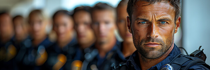 Realistic Police Officers with Patrol Banners on Simple Background