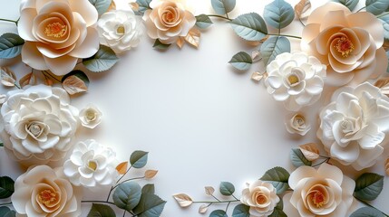 Elegant floral frame with delicate white and peach roses and green leaves on a soft, light background, perfect for invitations or decorations