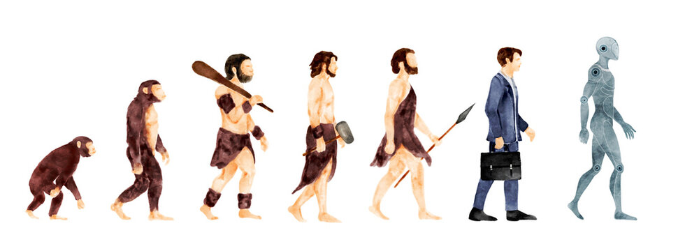 Human evolution from monkeys to AI . Watercolor paint design . Isolated white background . Illustration .