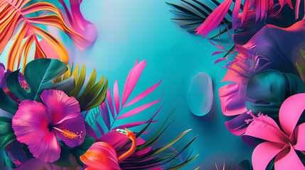 Fototapeta na wymiar Colorful background with flowers, Vibrant Summer Themed 3D Abstract Background, Background design of tropical cyberpunk, 