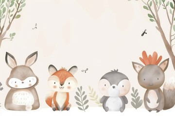 Obraz premium Adorable Woodland Creatures in Autumnal Forest Illustration