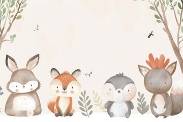 Adorable Woodland Creatures in Autumnal Forest Illustration