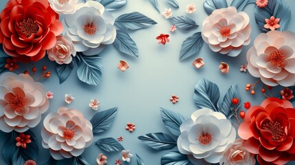 Elegant paper flowers with red and white petals arranged in a floral frame on a pastel blue background, creating a sophisticated design.