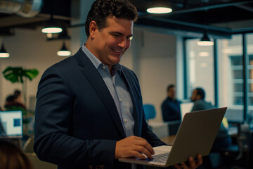 Happy middle aged business man ceo wearing suit standing in office using digital tablet. Smiling mature businessman professional executive manager looking away thinking working on tech device.