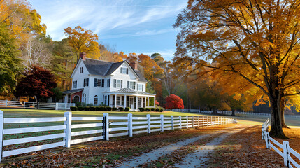 white picket fence surrounded by vibrant fall foliage, Autumn Landscape with maple trees, road and old house.