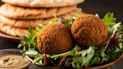A mouth-watering food photograph featuring a perfectly golden falafel wrapped in a soft pita bread