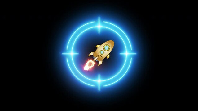 Startup, creative idea, innovation, technology, competition, business strategy concept. Animation of Glowing neon line rocket spaceship icon inside target icon isolated on transparent background.