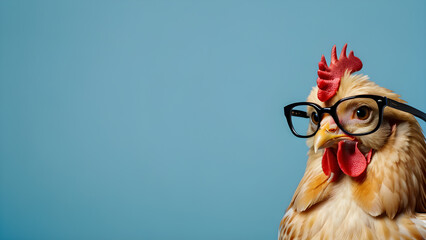 a chicken with glasses on his head is looking at the camera.