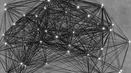 Black line connecting glowing white dots forming an interconnecting network and plexus on concrete wall background. 3D rendering as looping animation for networking and AI neural network topics