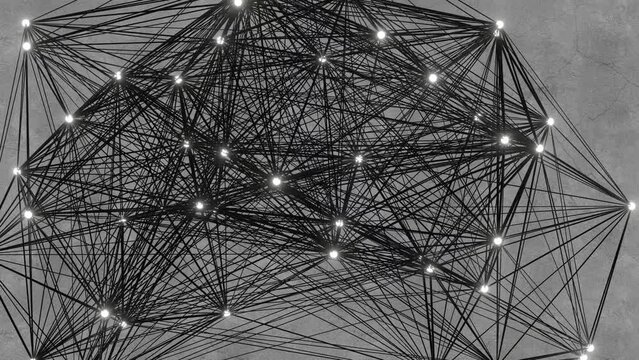 Black line connecting glowing white dots forming an interconnecting network and plexus on concrete wall background. 3D rendering as looping animation for networking and AI neural network topics