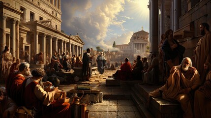 Obraz na płótnie Canvas A historic forum with an engaging orator and an attentive audience in ancient Rome