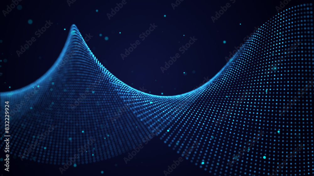 Poster a wave of blue particles. big data. abstract dynamic background. 3d rendering.