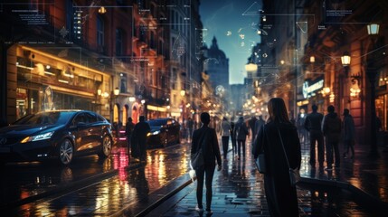 A futuristic depiction of an urban street with holographic data overlay