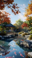 A serene Japanese garden in autumn, with vibrant maple leaves and a koi pond