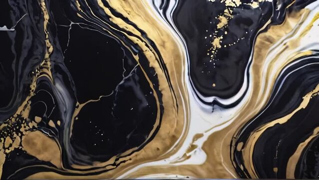 Background, abstraction, drips of black, white, golden paint.