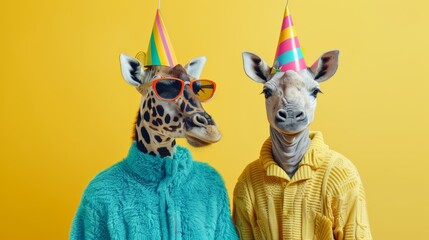 Two giraffes wearing colorful sweaters and party hats against a yellow background. Fun and quirky celebration theme.