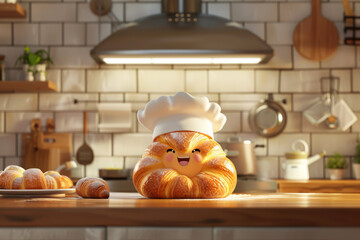 Enjoy the sight of a charming Croissant wearing a Chef Hat in a warm and homely kitchen setting