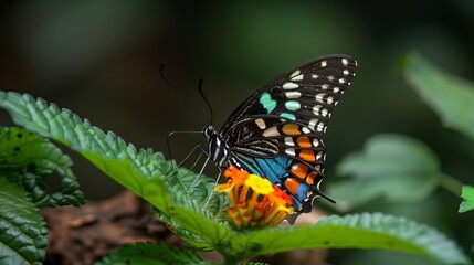 Fototapeta premium Butterfly in Vibrant Natural Habitat - Colorful Wings Amidst Lush Foliage - Wildlife Photography