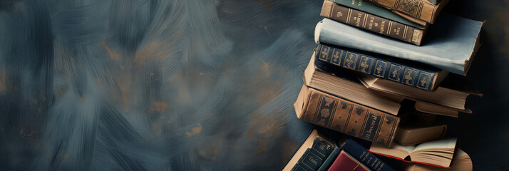 An artistic setup of open and closed books on a dark blue textured background with ample room for text